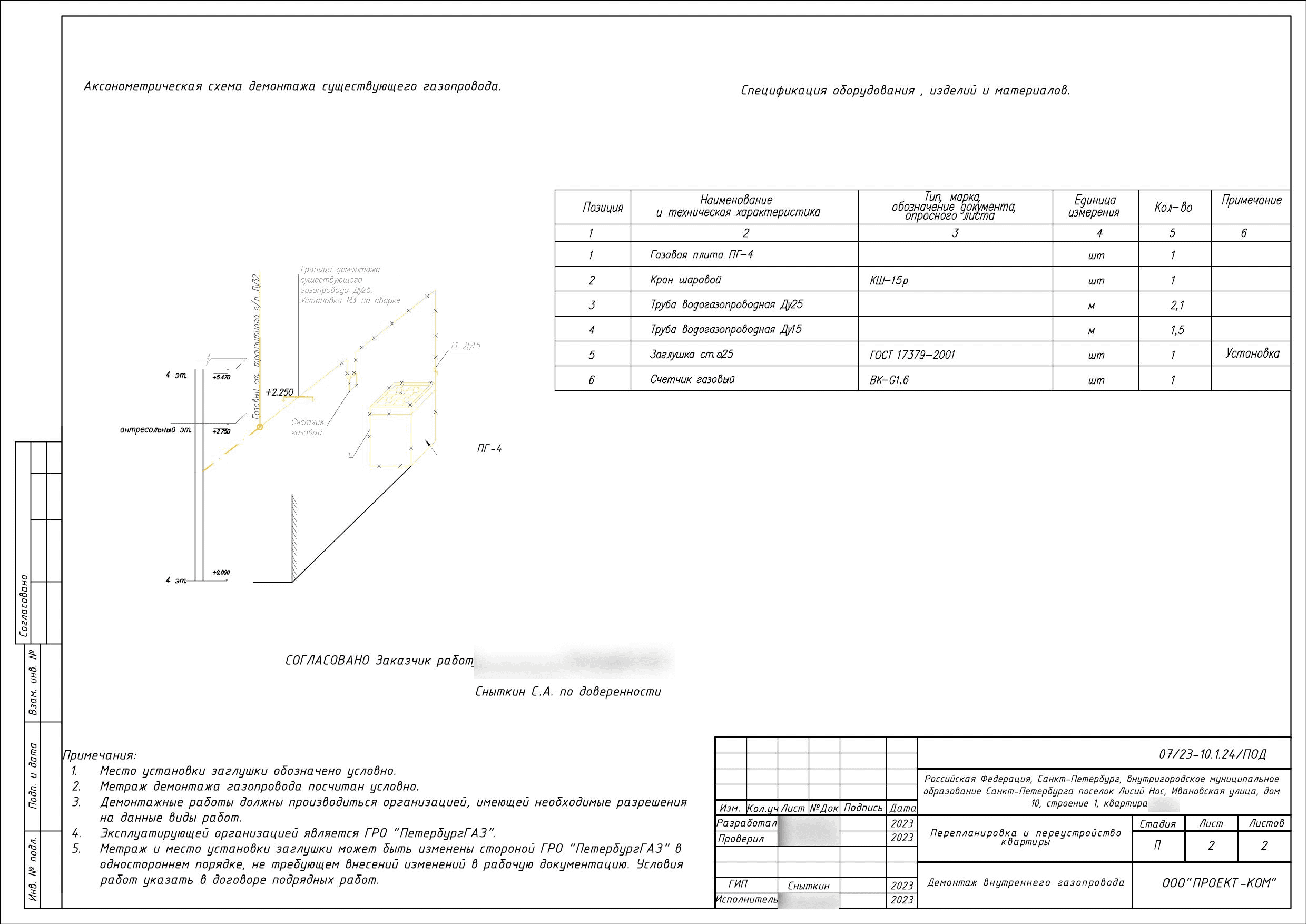 Аксонометрическая схема демонтажа газового отвода и установки заглушки Ду25