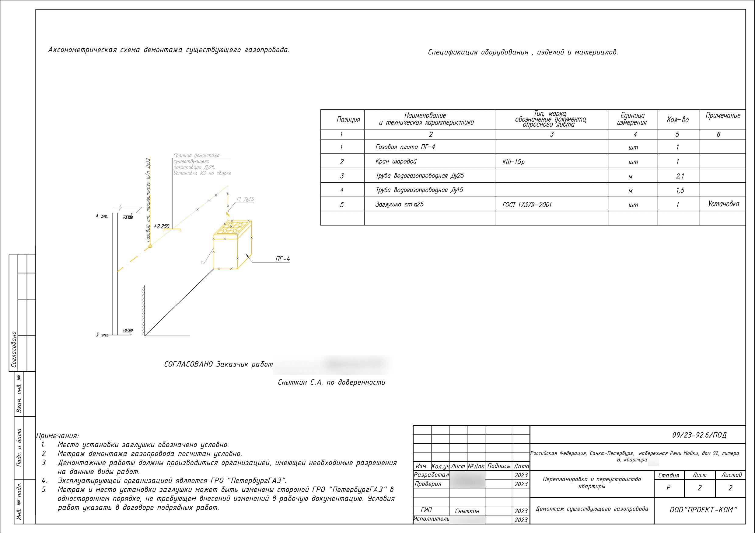 Аксонометрическая схема демонтируемой газовой ветки