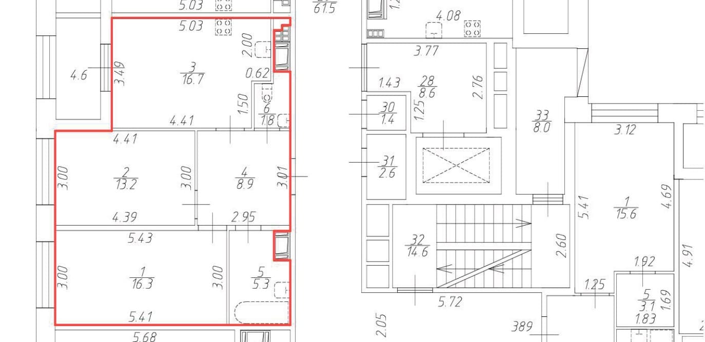 Исходный план квартиры площадью 62,2 м²