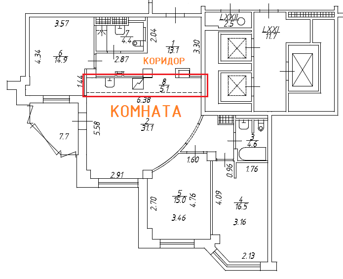 Сопоставление кухни-ниши с коридором квартиры этажом ниже