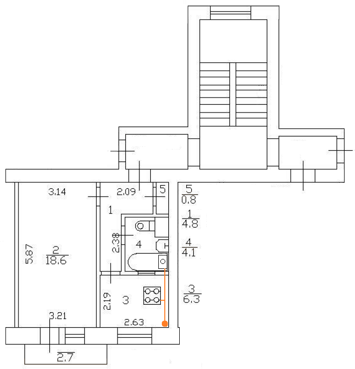 Исходный план квартиры с кухней 6,3 м²
