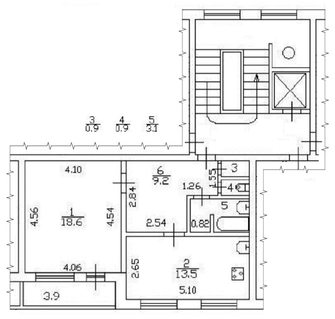 Исходный план квартиры площадью 46,2 м²