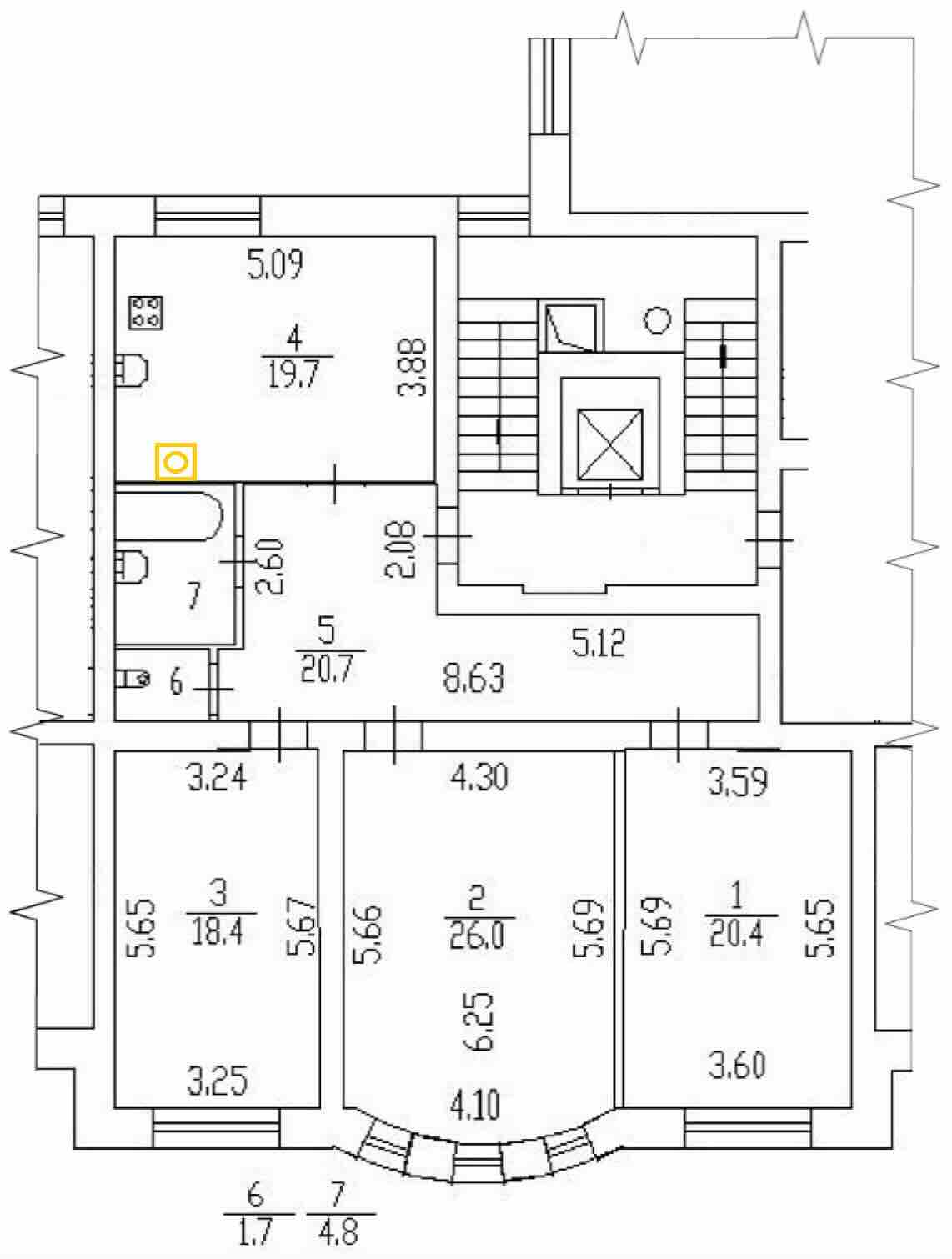 Исходный план квартиры площадью 111,7 м²